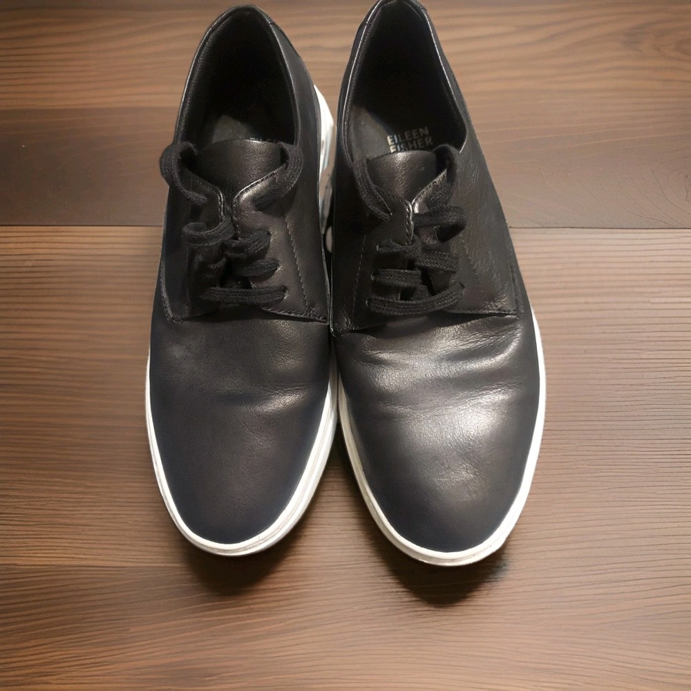 EILEEN FISHER Penni Black Leather Platform Sneaker Size 7.5 Preppy Boho Y2K